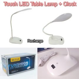 Asztali LED lámpa fehér, akku+óra